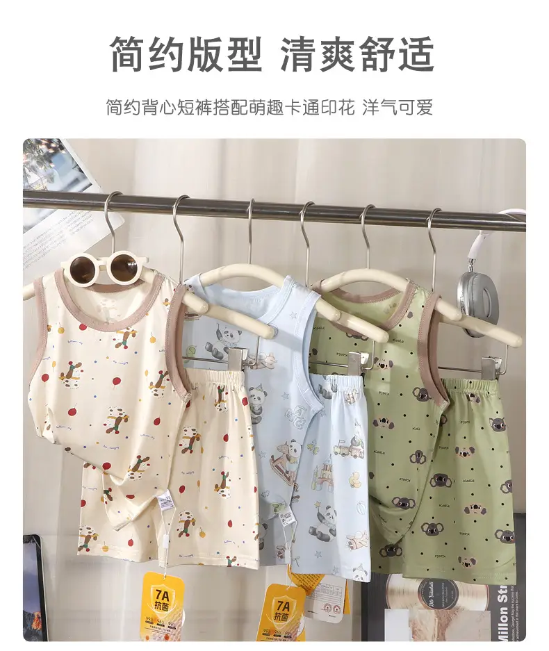 Summer Kidsren's Home Clothes for Boys and Girls Thin Cartoon Pajamas Baby Vest Shorts Sleeveless Suit Air-Conditioned Clothes — feature 4
