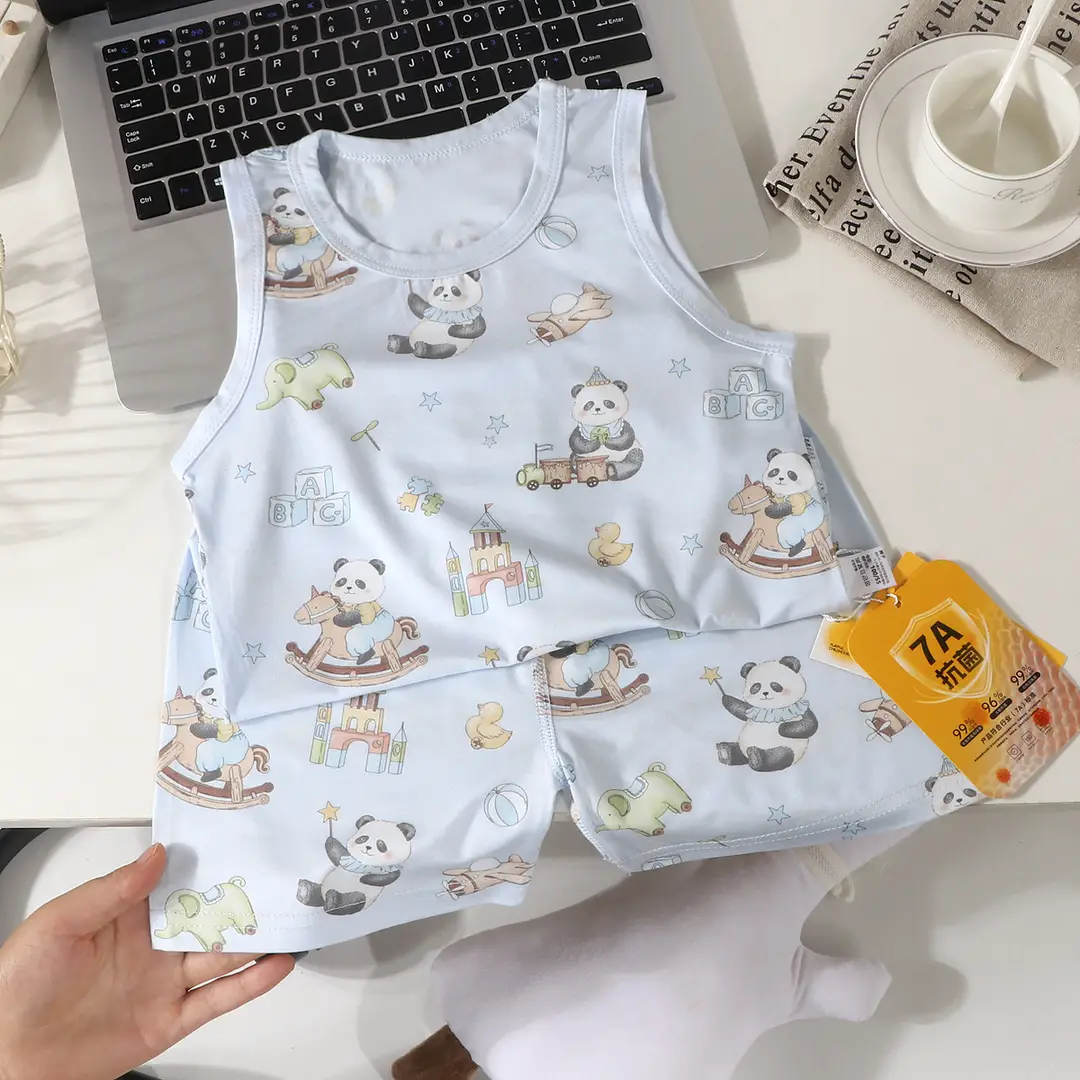 Summer Kidsren's Home Clothes for Boys and Girls Thin Cartoon Pajamas Baby Vest Shorts Sleeveless Suit Air-Conditioned Clothes