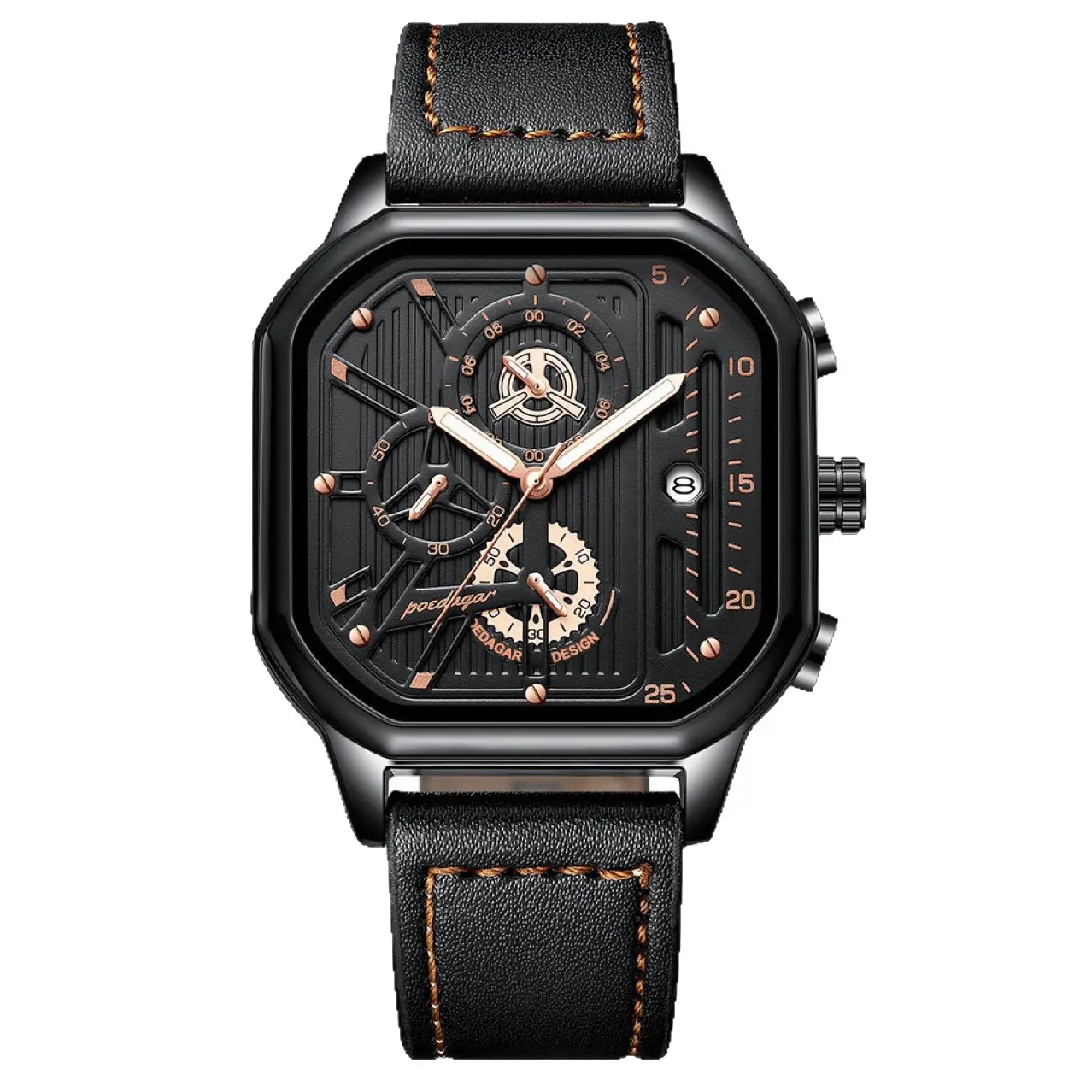 Men's Black Quartz Watch with Skeleton Design