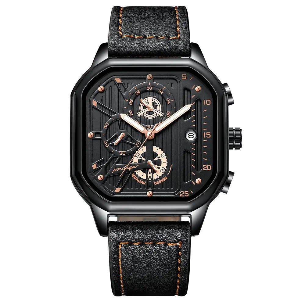 Men's Black Quartz Watch with Skeleton Design