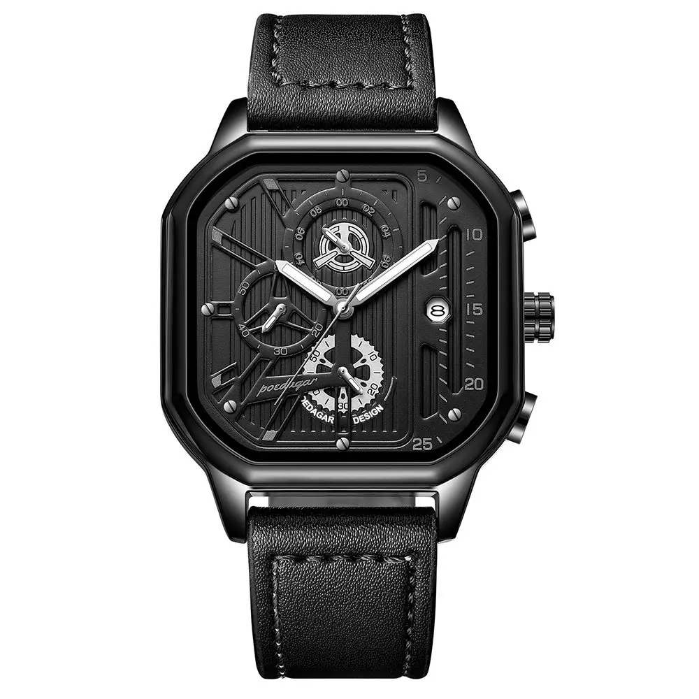 Men's Black Quartz Watch with Skeleton Design