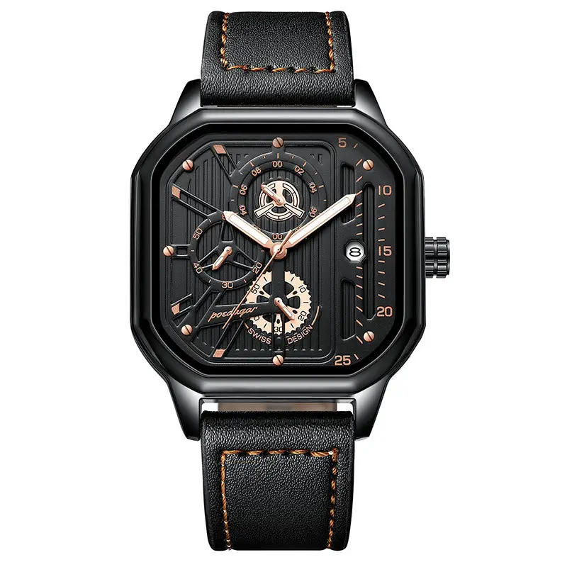 Men's Black Quartz Watch with Skeleton Design