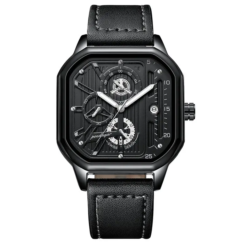 Men's Black Quartz Watch with Skeleton Design