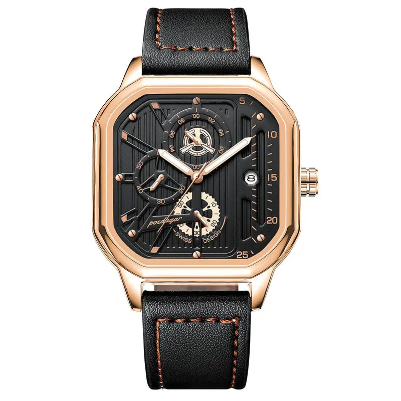 Men's Black Quartz Watch with Skeleton Design