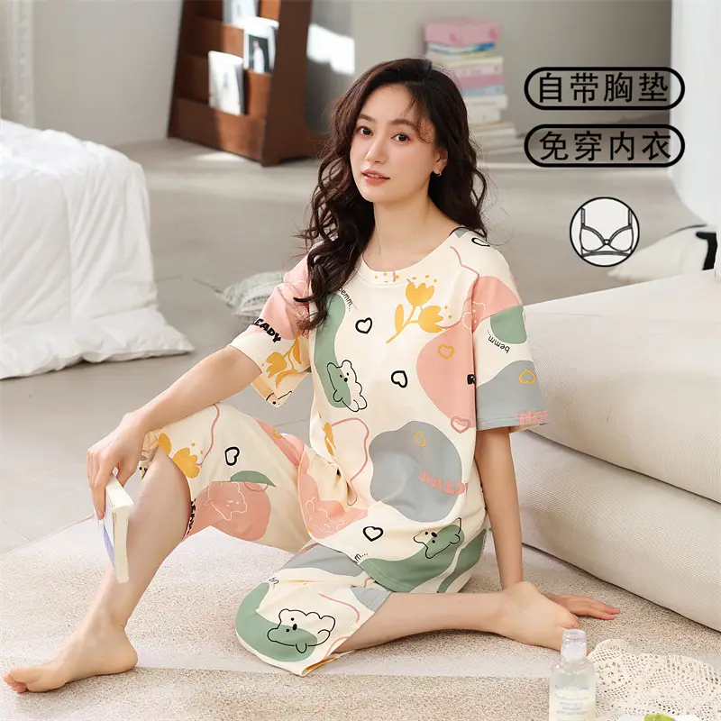 Women's Summer Short-Sleeved Pajamas with Breast Pads, Thin Cropped Pants, Cute Home Clothes Two-Piece Suit, Korean Style Loose Large Size