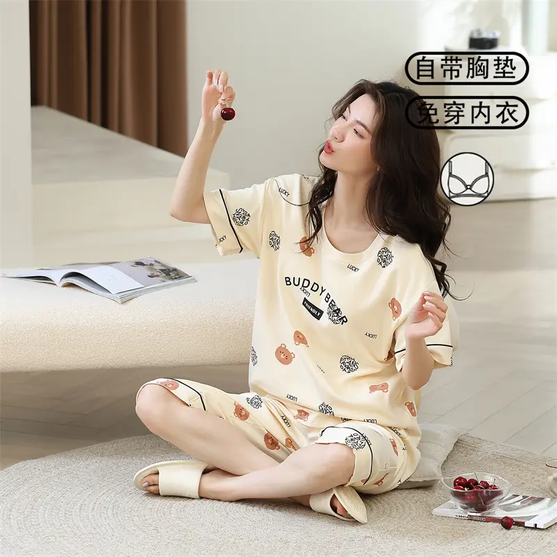 Women's Summer Short-Sleeved Pajamas with Breast Pads, Thin Cropped Pants, Cute Home Clothes Two-Piece Suit, Korean Style Loose Large Size
