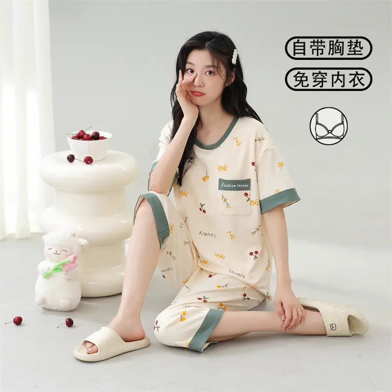Women's Summer Short-Sleeved Pajamas with Breast Pads, Thin Cropped Pants, Cute Home Clothes Two-Piece Suit, Korean Style Loose Large Size