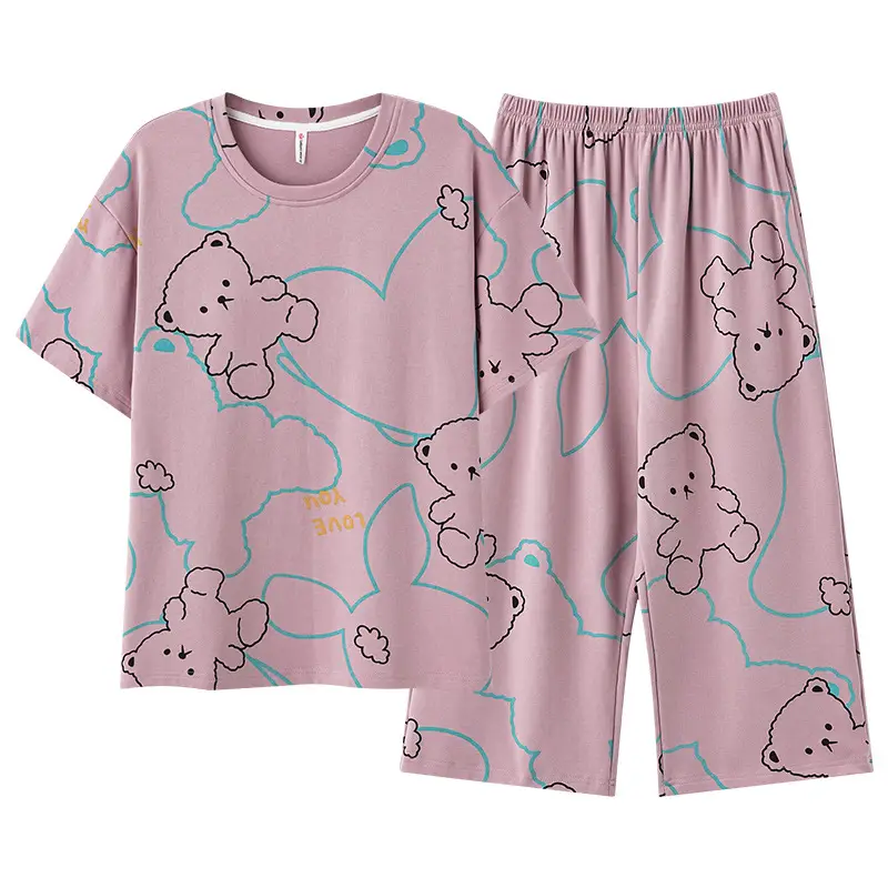 Women's Summer Short-Sleeved Pajamas with Breast Pads, Thin Cropped Pants, Cute Home Clothes Two-Piece Suit, Korean Style Loose Large Size