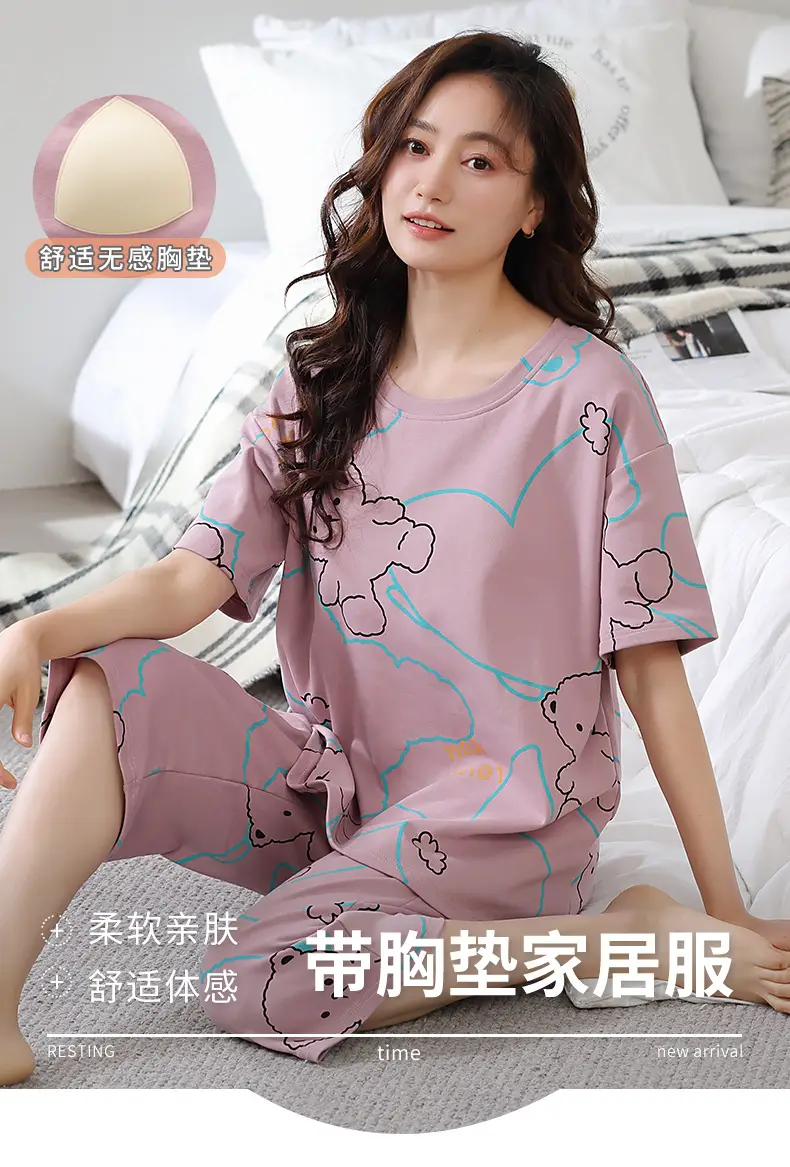 Women's Summer Short-Sleeved Pajamas with Breast Pads, Thin Cropped Pants, Cute Home Clothes Two-Piece Suit, Korean Style Loose Large Size — feature 1