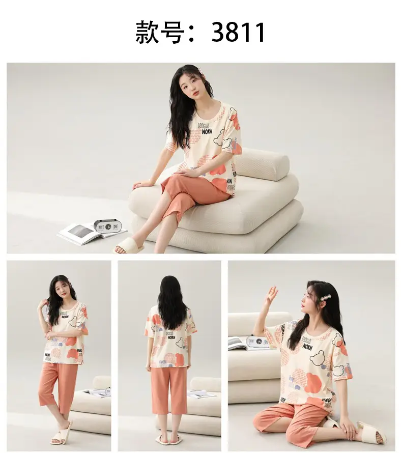 Women's Summer Short-Sleeved Pajamas with Breast Pads, Thin Cropped Pants, Cute Home Clothes Two-Piece Suit, Korean Style Loose Large Size — feature 16