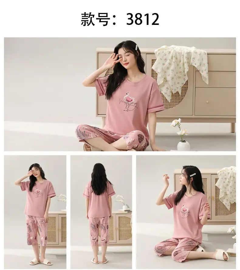 Women's Summer Short-Sleeved Pajamas with Breast Pads, Thin Cropped Pants, Cute Home Clothes Two-Piece Suit, Korean Style Loose Large Size — feature 17