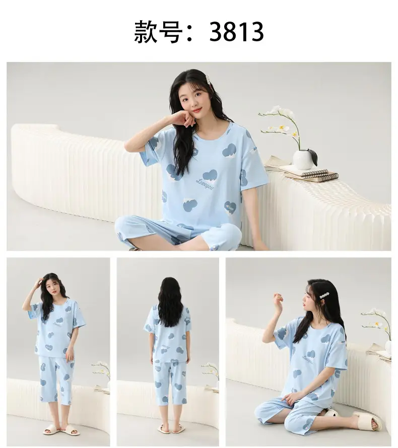 Women's Summer Short-Sleeved Pajamas with Breast Pads, Thin Cropped Pants, Cute Home Clothes Two-Piece Suit, Korean Style Loose Large Size — feature 18