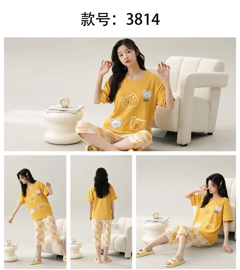 Women's Summer Short-Sleeved Pajamas with Breast Pads, Thin Cropped Pants, Cute Home Clothes Two-Piece Suit, Korean Style Loose Large Size — feature 19