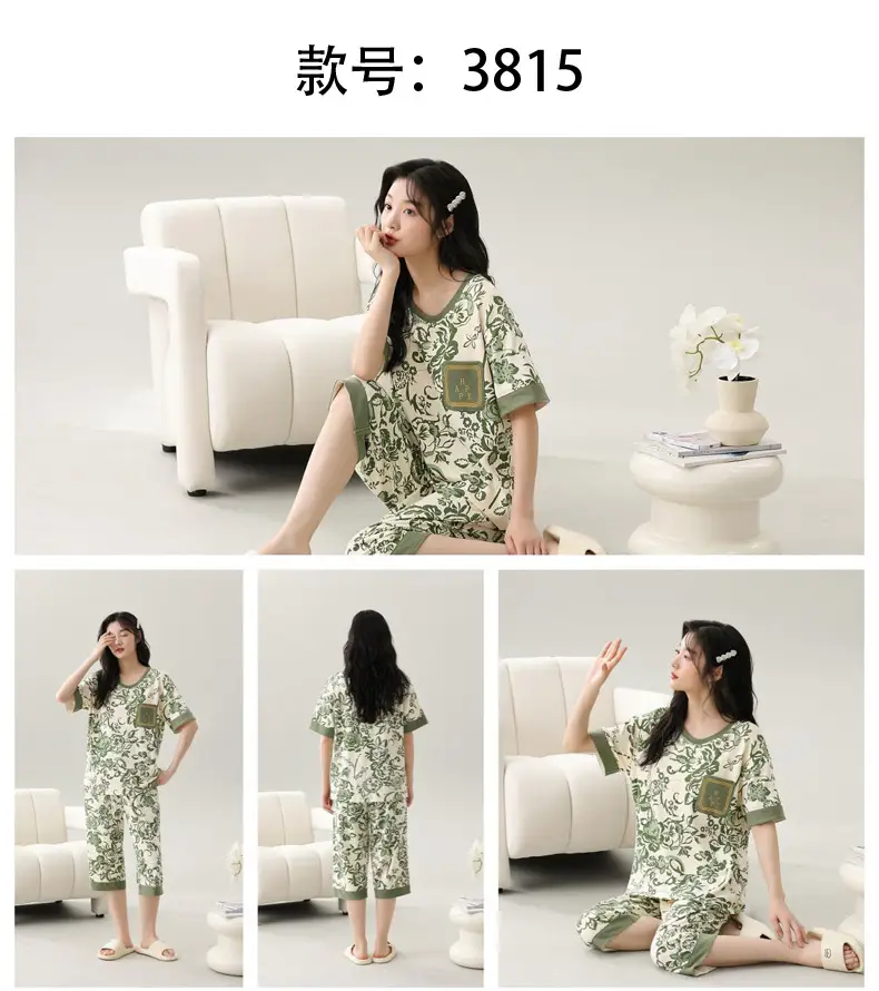 Women's Summer Short-Sleeved Pajamas with Breast Pads, Thin Cropped Pants, Cute Home Clothes Two-Piece Suit, Korean Style Loose Large Size — feature 20