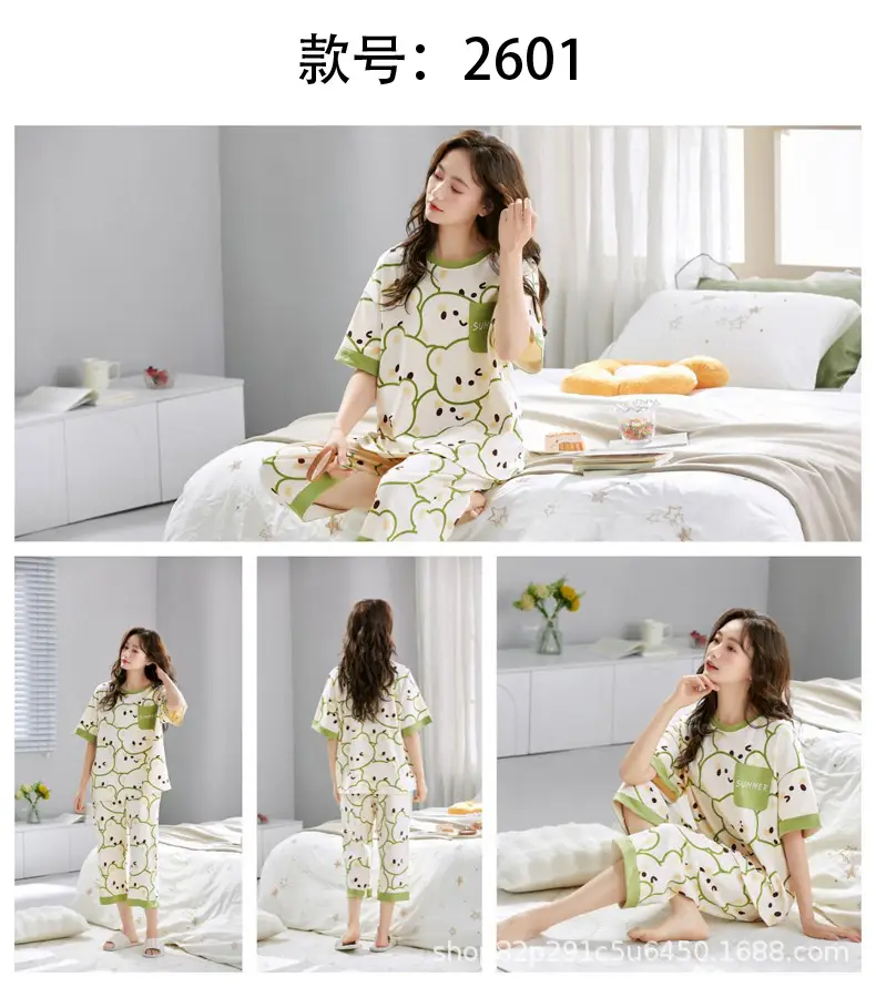 Women's Summer Short-Sleeved Pajamas with Breast Pads, Thin Cropped Pants, Cute Home Clothes Two-Piece Suit, Korean Style Loose Large Size — feature 23