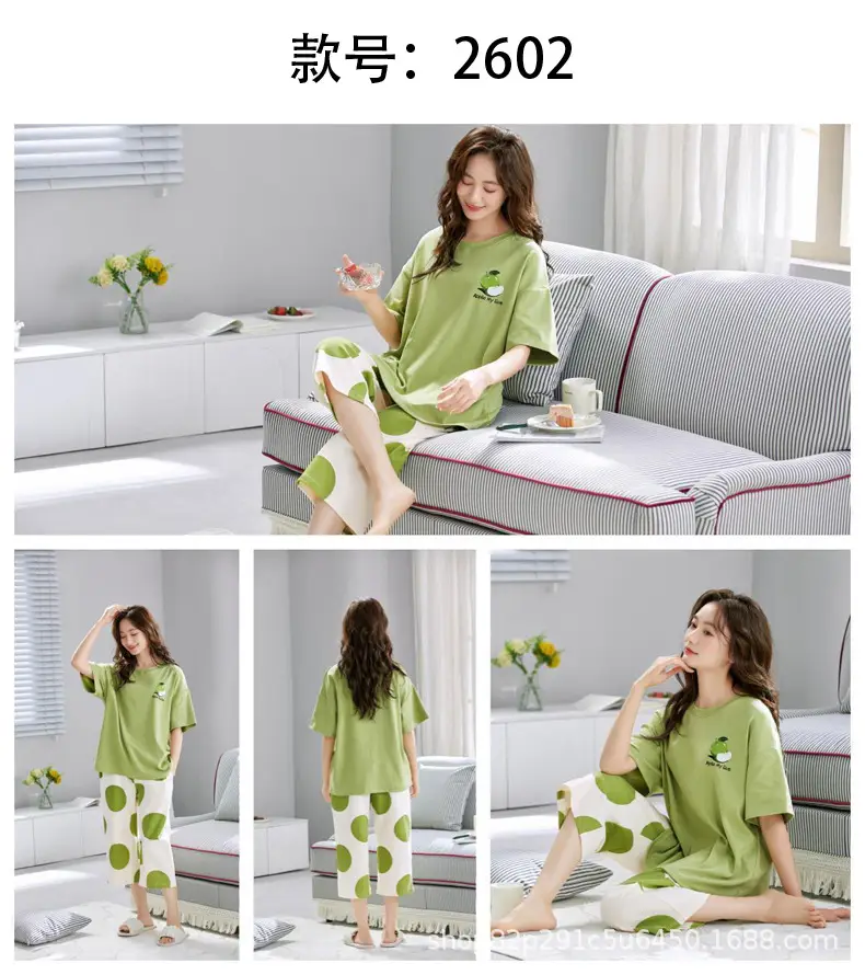 Women's Summer Short-Sleeved Pajamas with Breast Pads, Thin Cropped Pants, Cute Home Clothes Two-Piece Suit, Korean Style Loose Large Size — feature 24