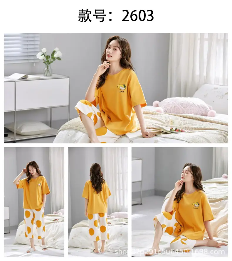 Women's Summer Short-Sleeved Pajamas with Breast Pads, Thin Cropped Pants, Cute Home Clothes Two-Piece Suit, Korean Style Loose Large Size — feature 25