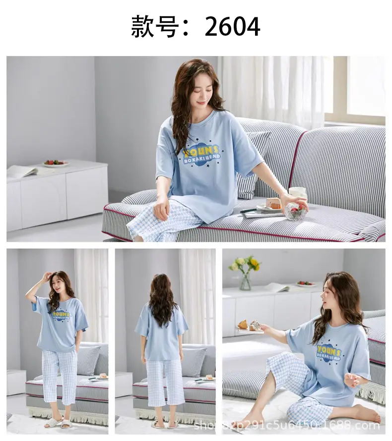 Women's Summer Short-Sleeved Pajamas with Breast Pads, Thin Cropped Pants, Cute Home Clothes Two-Piece Suit, Korean Style Loose Large Size — feature 26