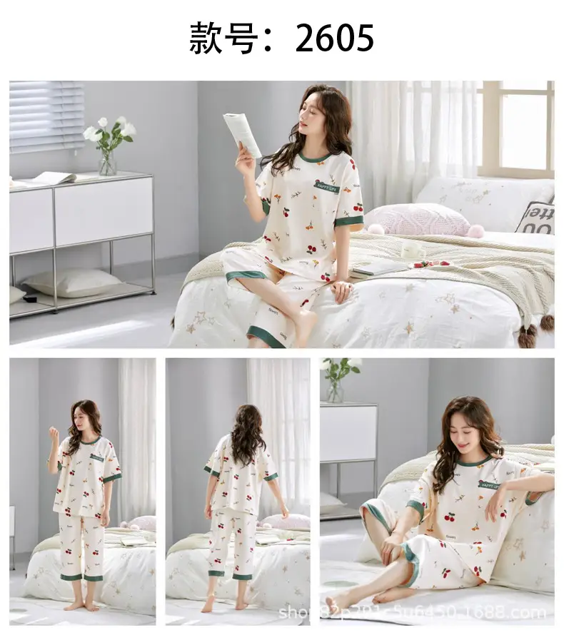 Women's Summer Short-Sleeved Pajamas with Breast Pads, Thin Cropped Pants, Cute Home Clothes Two-Piece Suit, Korean Style Loose Large Size — feature 27