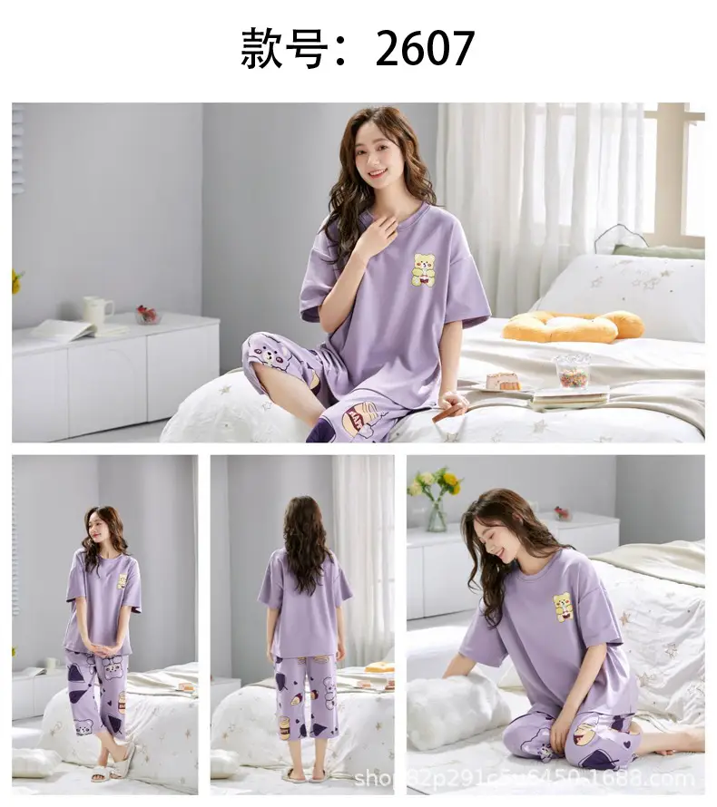 Women's Summer Short-Sleeved Pajamas with Breast Pads, Thin Cropped Pants, Cute Home Clothes Two-Piece Suit, Korean Style Loose Large Size — feature 29