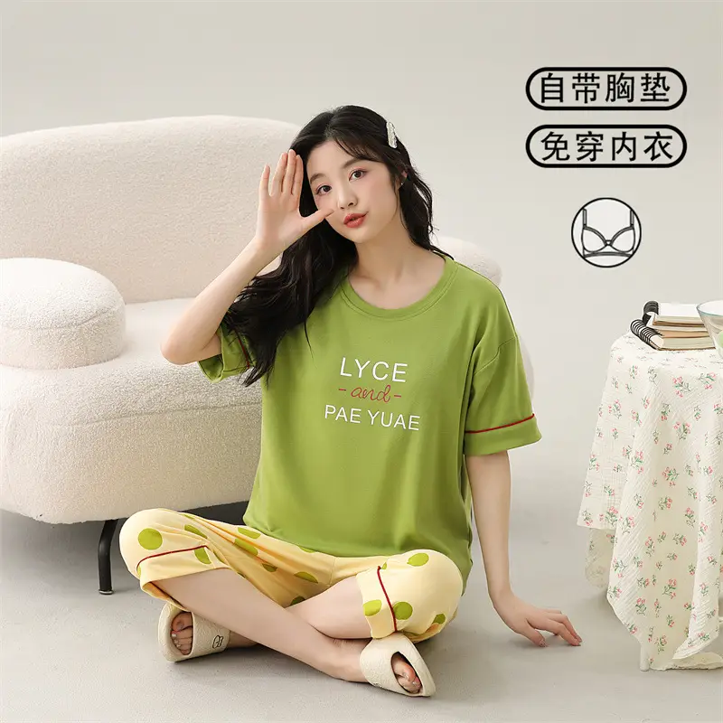 Women's Summer Short-Sleeved Pajamas with Breast Pads, Thin Cropped Pants, Cute Home Clothes Two-Piece Suit, Korean Style Loose Large Size