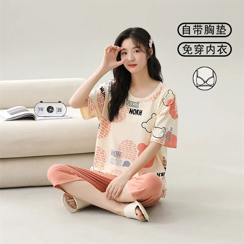 Women's Summer Short-Sleeved Pajamas with Breast Pads, Thin Cropped Pants, Cute Home Clothes Two-Piece Suit, Korean Style Loose Large Size