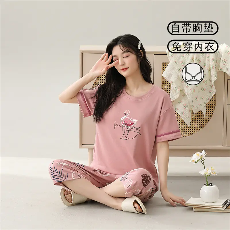 Women's Summer Short-Sleeved Pajamas with Breast Pads, Thin Cropped Pants, Cute Home Clothes Two-Piece Suit, Korean Style Loose Large Size