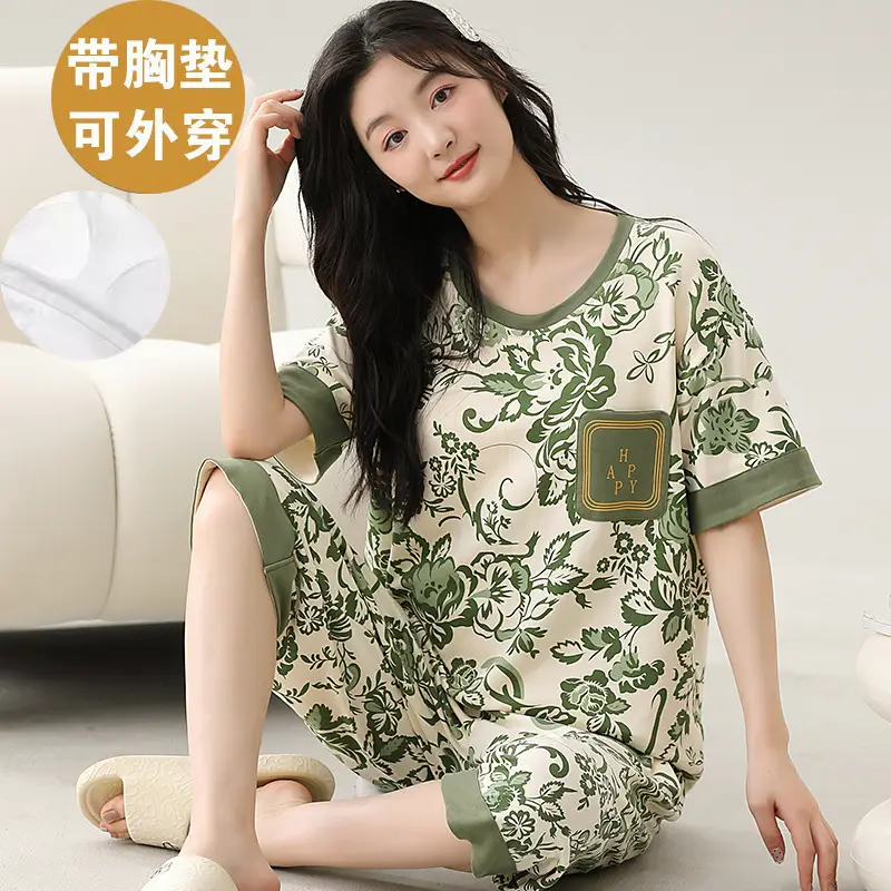 Women's Summer Short-Sleeved Pajamas with Breast Pads, Thin Cropped Pants, Cute Home Clothes Two-Piece Suit, Korean Style Loose Large Size
