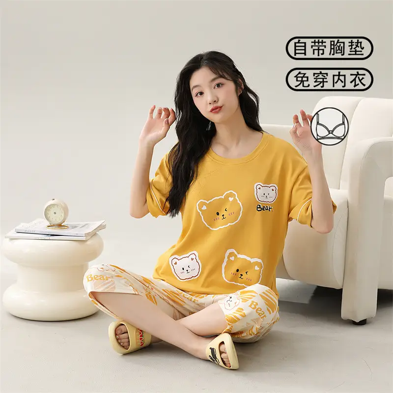 Women's Summer Short-Sleeved Pajamas with Breast Pads, Thin Cropped Pants, Cute Home Clothes Two-Piece Suit, Korean Style Loose Large Size