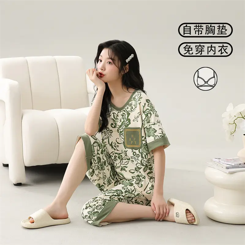 Women's Summer Short-Sleeved Pajamas with Breast Pads, Thin Cropped Pants, Cute Home Clothes Two-Piece Suit, Korean Style Loose Large Size