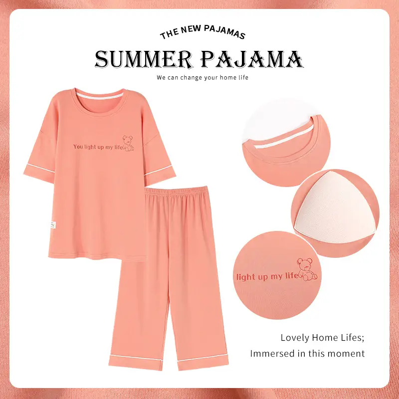 Women's Summer Short-Sleeved Pajamas with Breast Pads, Thin Cropped Pants, Cute Home Clothes Two-Piece Suit, Korean Style Loose Large Size
