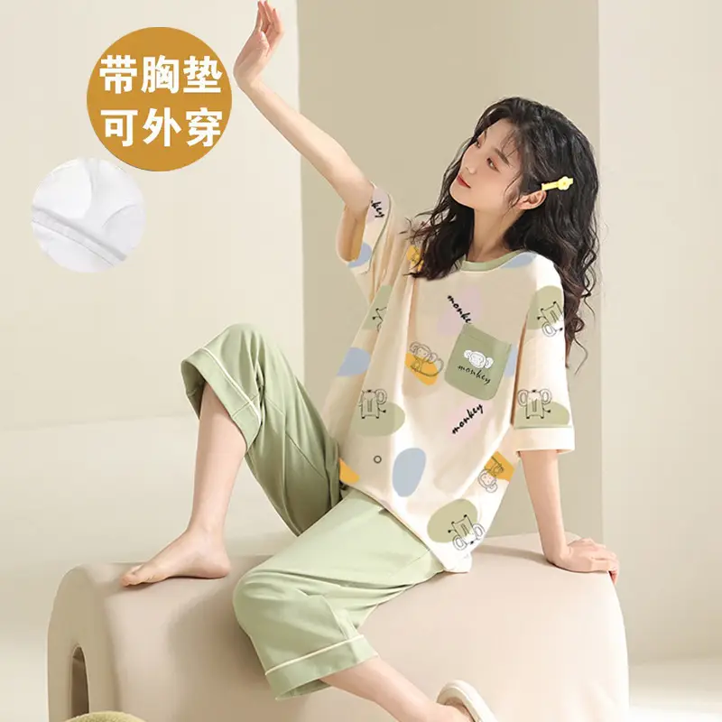 Women's Summer Short-Sleeved Pajamas with Breast Pads, Thin Cropped Pants, Cute Home Clothes Two-Piece Suit, Korean Style Loose Large Size