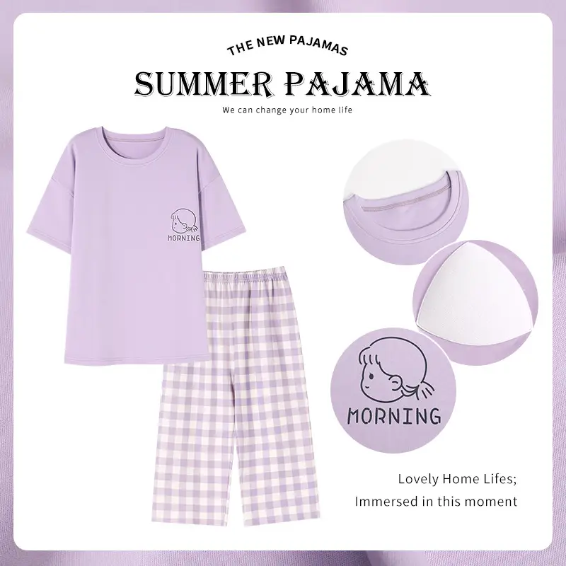Women's Summer Short-Sleeved Pajamas with Breast Pads, Thin Cropped Pants, Cute Home Clothes Two-Piece Suit, Korean Style Loose Large Size