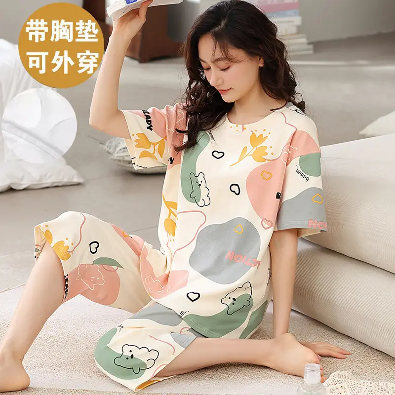 Women's Summer Short-Sleeved Pajamas with Breast Pads, Thin Cropped Pants, Cute Home Clothes Two-Piece Suit, Korean Style Loose Large Size