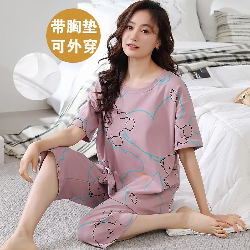 Women's Summer Short-Sleeved Pajamas with Breast Pads, Thin Cropped Pants, Cute Home Clothes Two-Piece Suit, Korean Style Loose Large Size