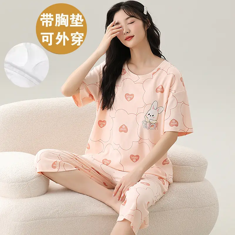 Women's Summer Short-Sleeved Pajamas with Breast Pads, Thin Cropped Pants, Cute Home Clothes Two-Piece Suit, Korean Style Loose Large Size