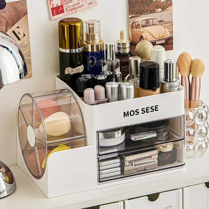 New Cosmetics Storage Box, Dressing Table, Skin Care Product Storage Rack with Rotating Organizer, Desktop Dust-Proof Cosmetic Box