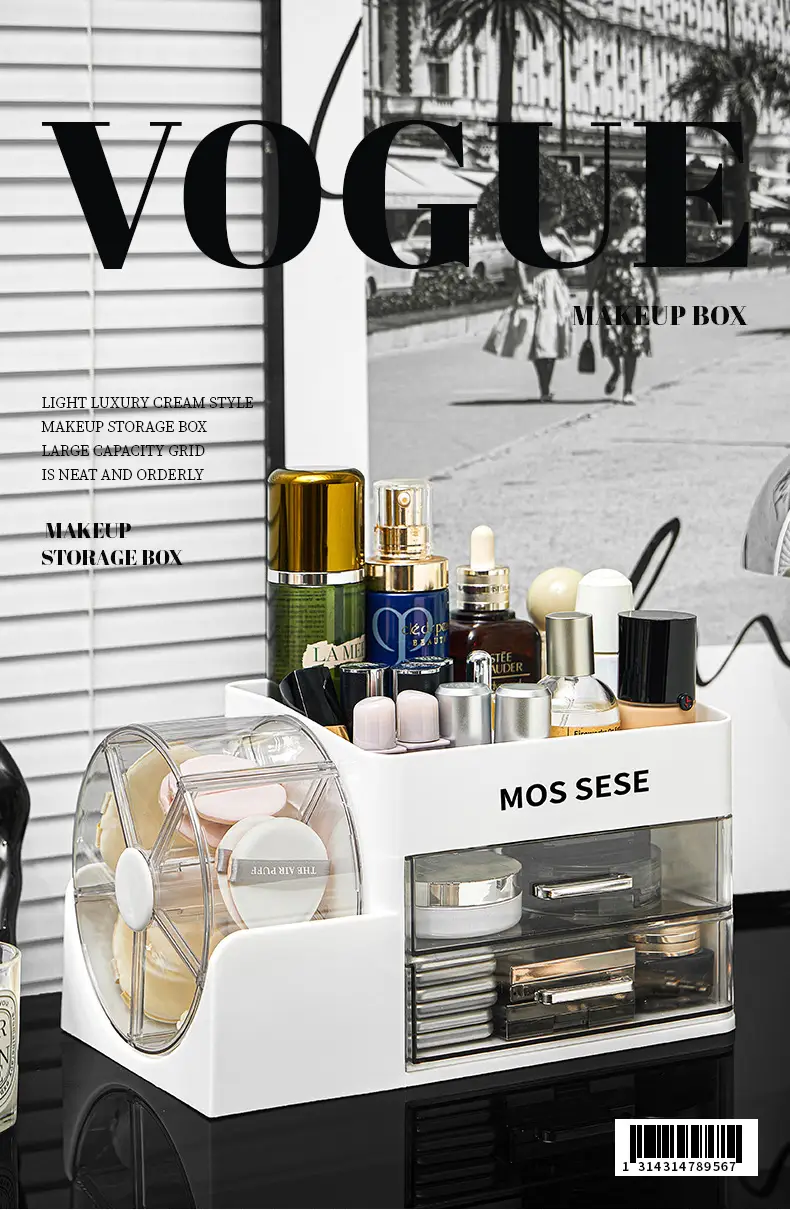 New Cosmetics Storage Box, Dressing Table, Skin Care Product Storage Rack with Rotating Organizer, Desktop Dust-Proof Cosmetic Box — feature 1