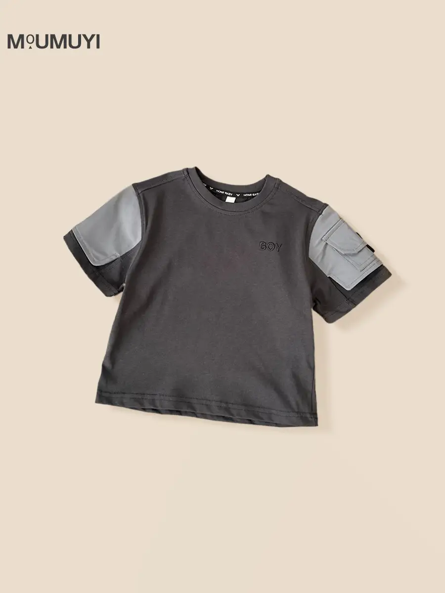 Kids 2026 Summer Pocket T-Shirt Black Gray - Image 2