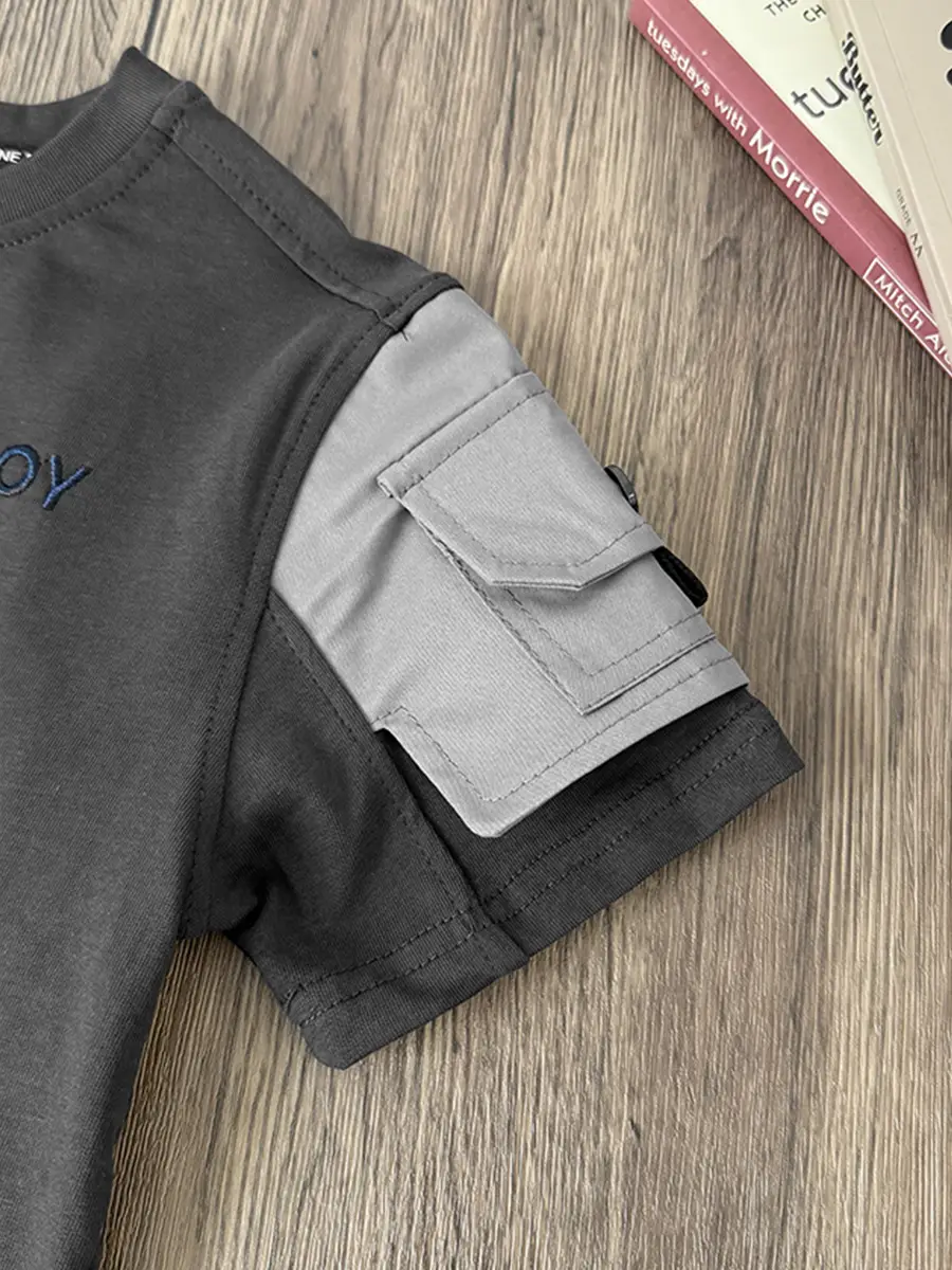 Kids 2026 Summer Pocket T-Shirt Black Gray - Image 5
