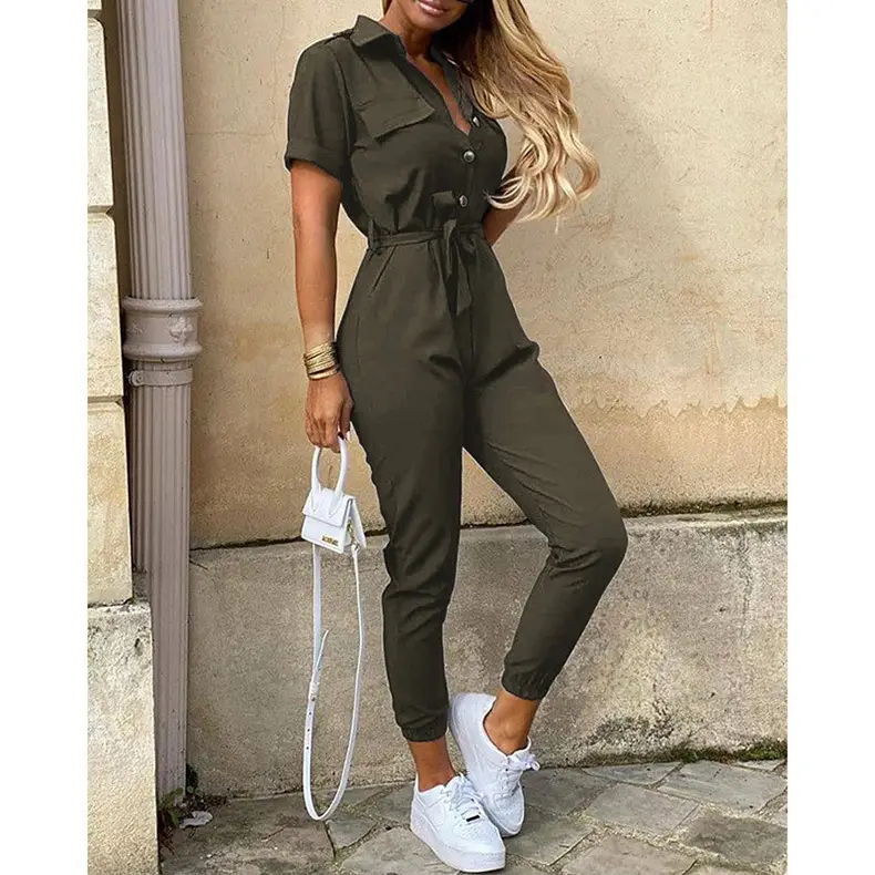 Women Printed Black Long Pants Buttoned Belted Jumpsuit Set - Image 15