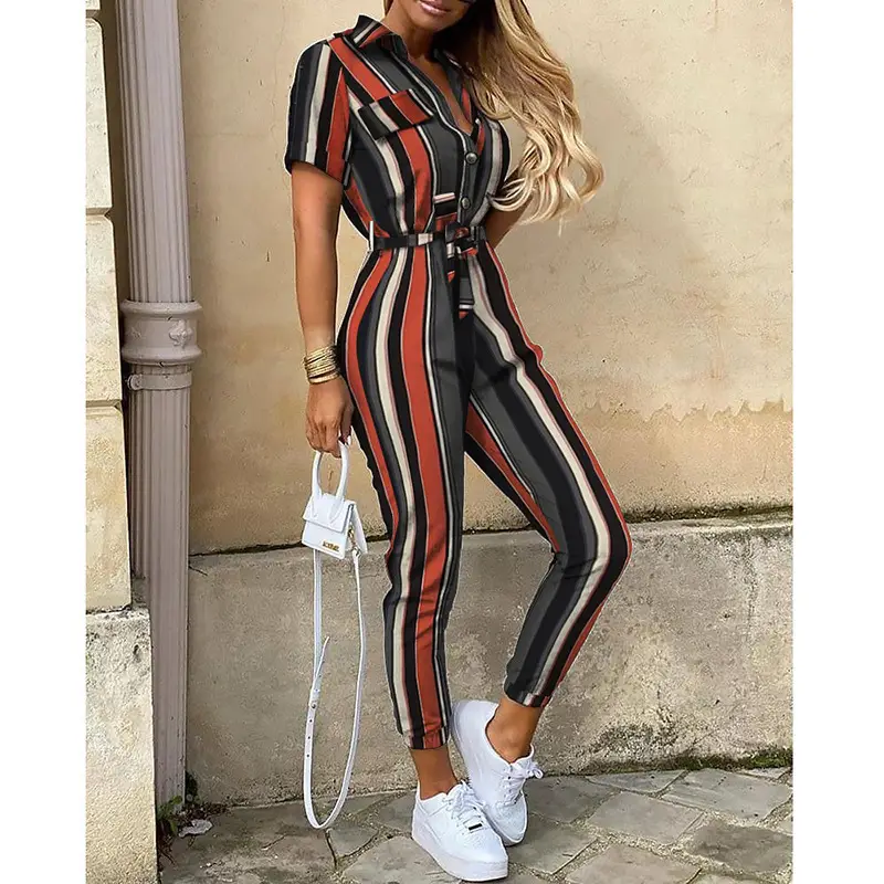 Women Printed Black Long Pants Buttoned Belted Jumpsuit Set - Image 8