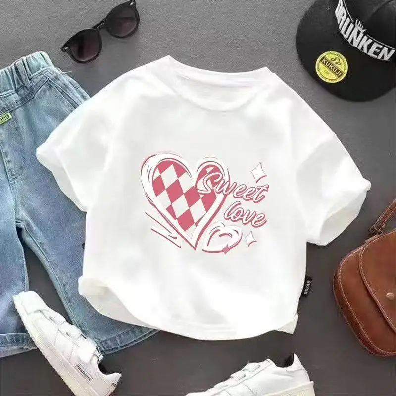 100% Cotton Heart Print Kids T-Shirt White Medium