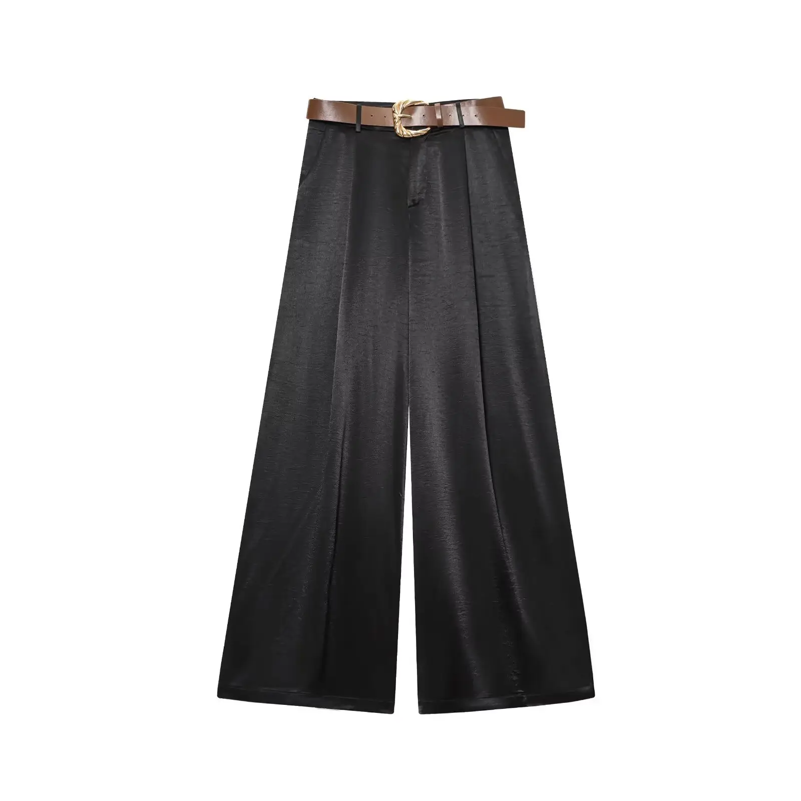 Black Gold Button Silk Top Belt with Wide Leg Pants