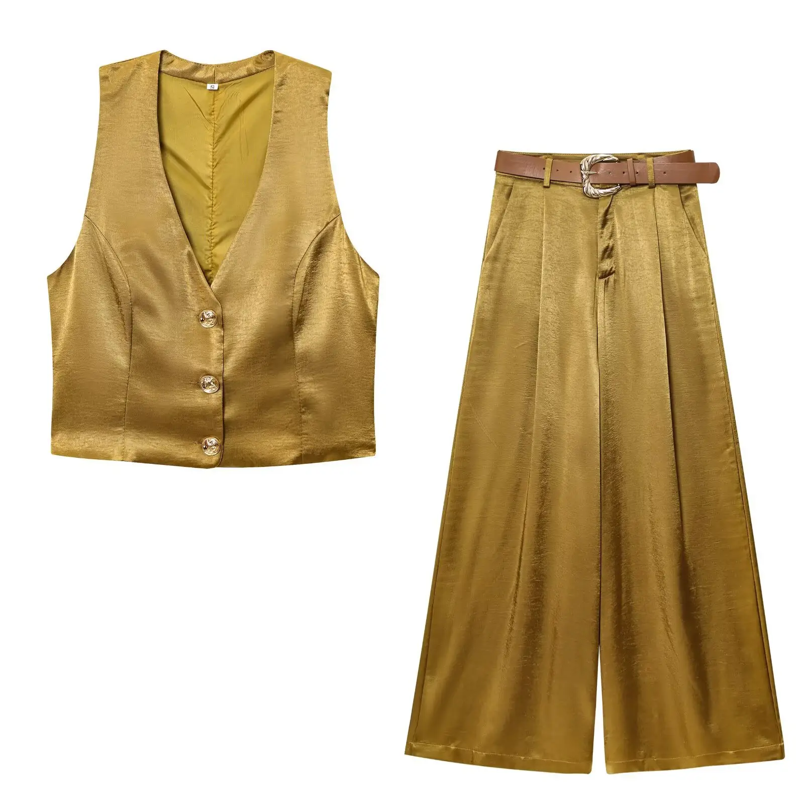 Black Gold Button Silk Top Belt with Wide Leg Pants