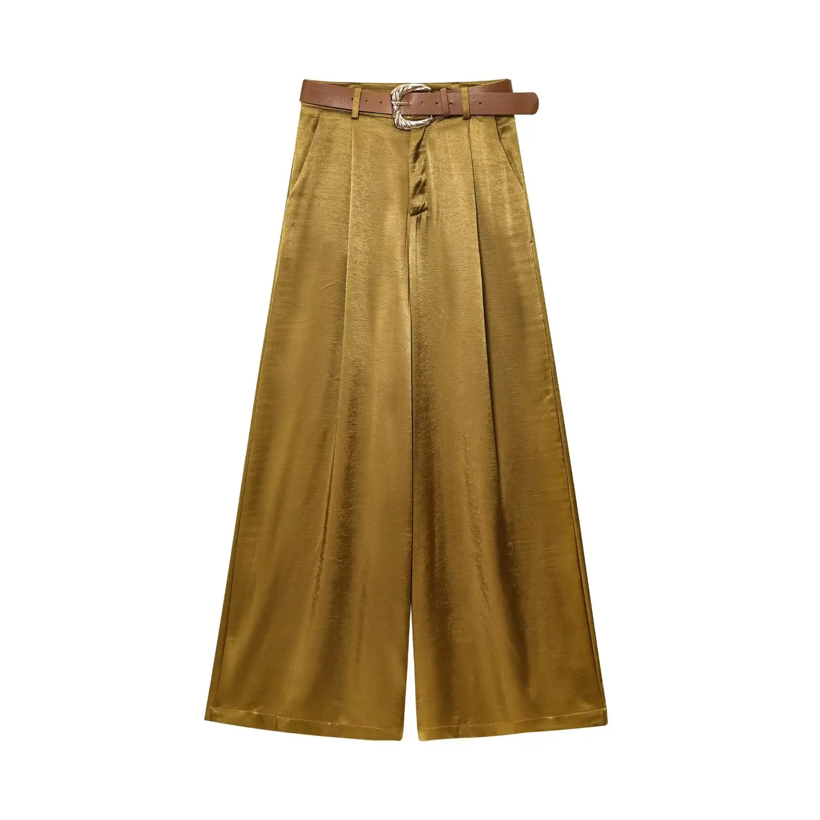 Black Gold Button Silk Top Belt with Wide Leg Pants