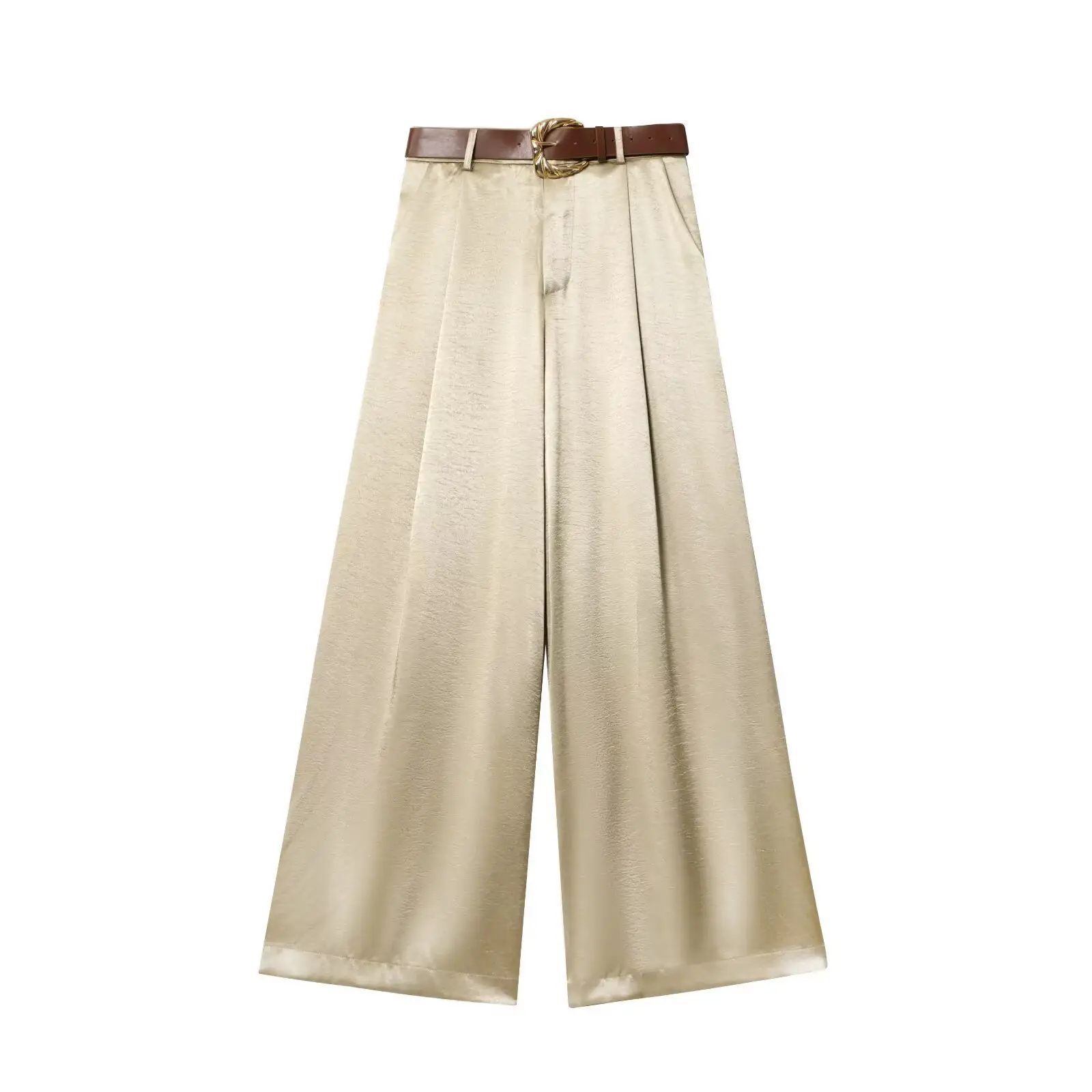 Black Gold Button Silk Top Belt with Wide Leg Pants