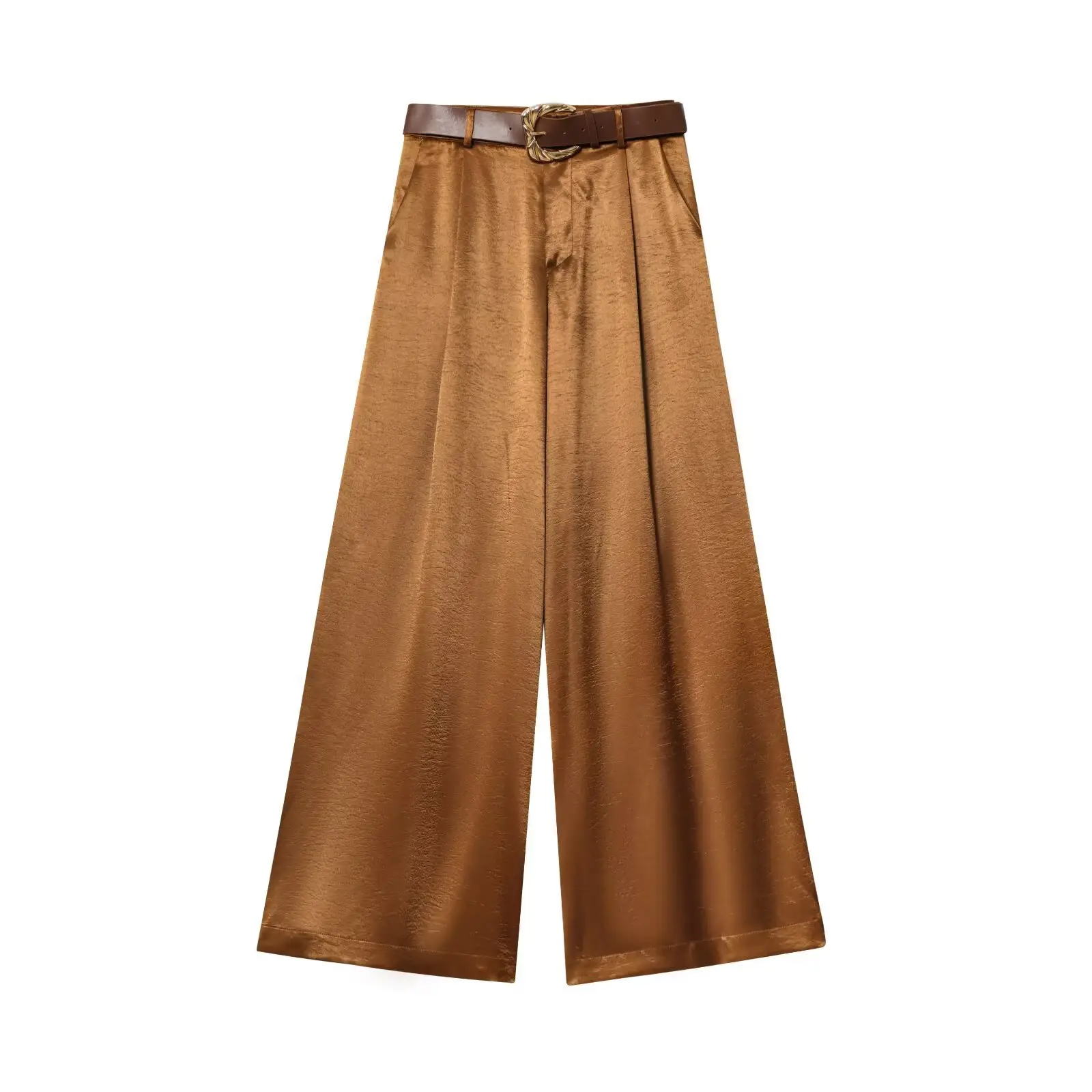 Black Gold Button Silk Top Belt with Wide Leg Pants
