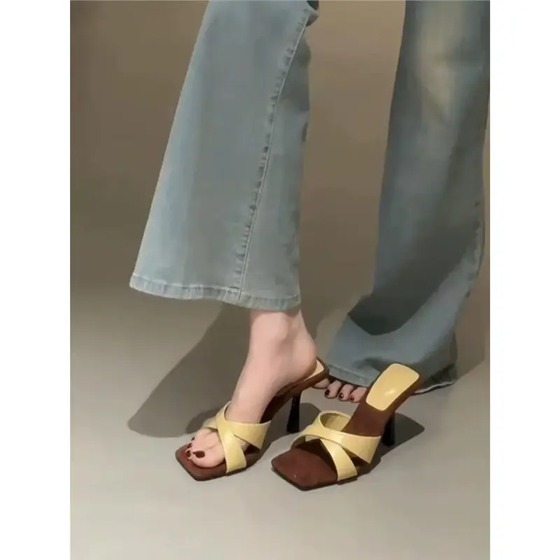 French Retro Stiletto High Heels Women Square Toe Cross Strap Sandals - Image 5