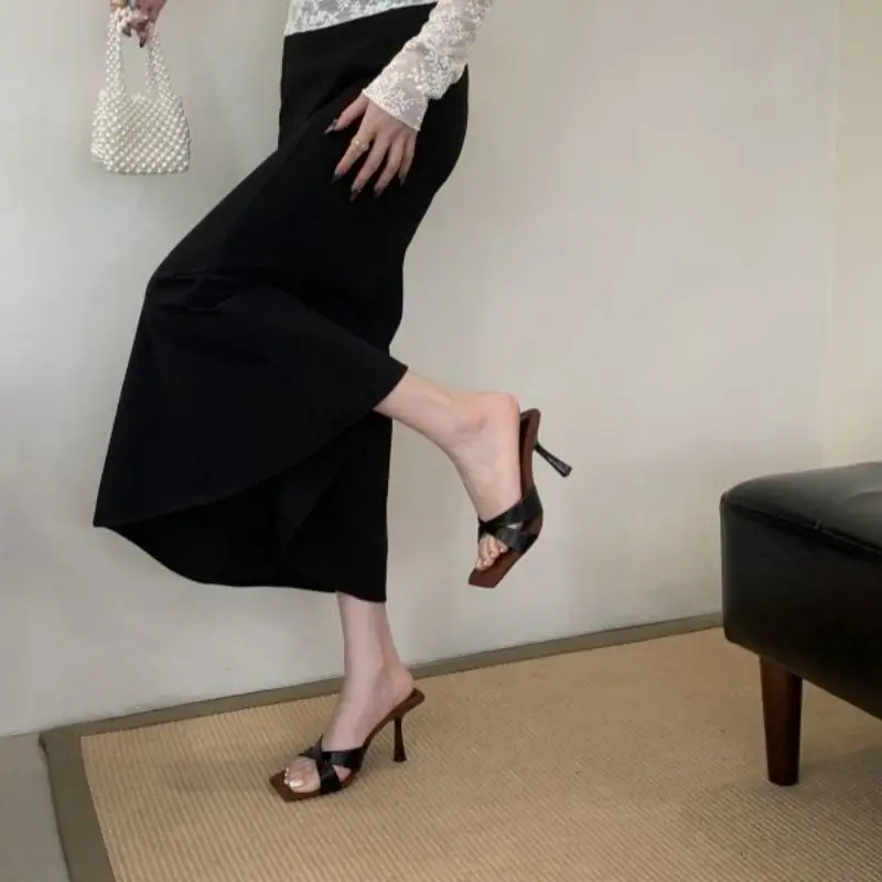 French Retro Stiletto High Heels Women Square Toe Cross Strap Sandals - Image 3